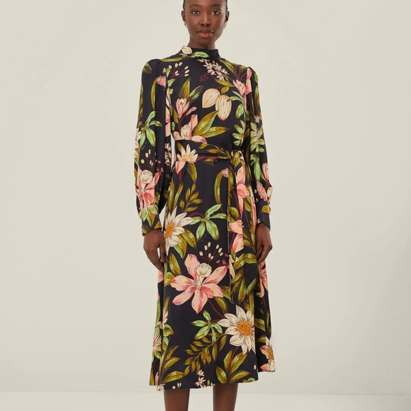 Farm Rio Black Surreal Flowers High Neck Midi Dress sz XXS NWT $260 - Picture 2 of 11